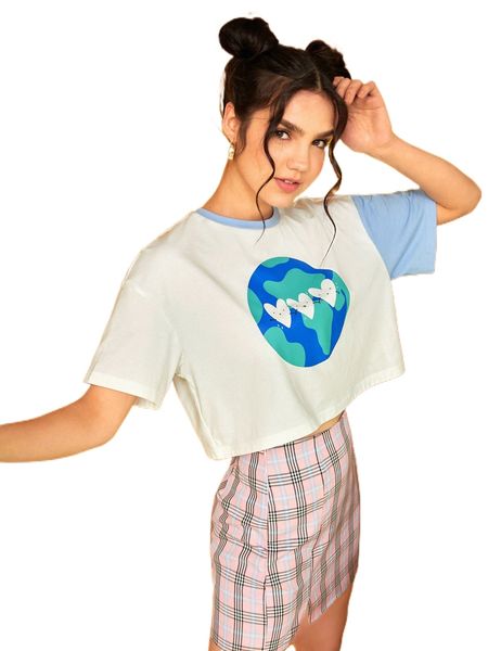 

x elizabeth graham cartoon graphic contrast panel drop shoulder tee j2at#, White