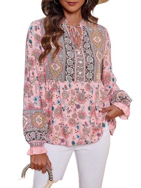

floral & paisley print tie front blouse i0o3#, White
