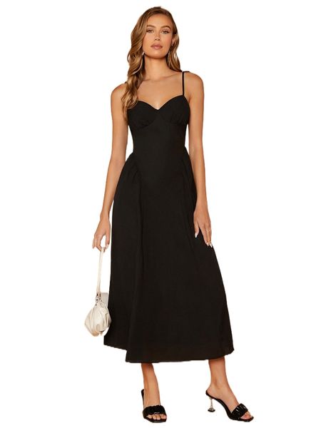 

solid tie shoulder cami dress 61la#, Black;gray