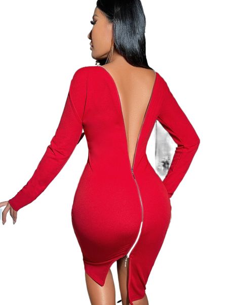 

solid zipper back bodycon dress e63a#, Black;gray