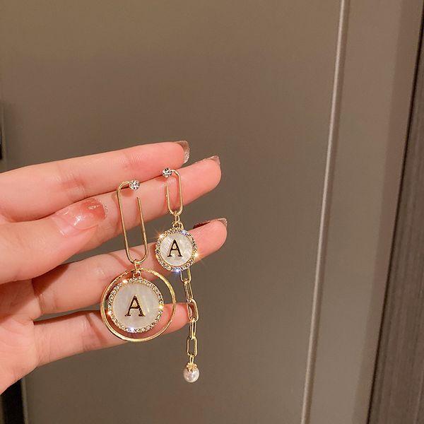 

925 silver stud rhinestone-encrusted shell letter a hoop earrings korean personality asymmetric earrings niche design eardrop, Golden