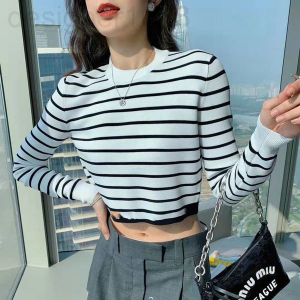 

women's knits & tees designer miu family 22 early spring new fashion short striped bottomed shirt female letter jacquard navel exposed, White