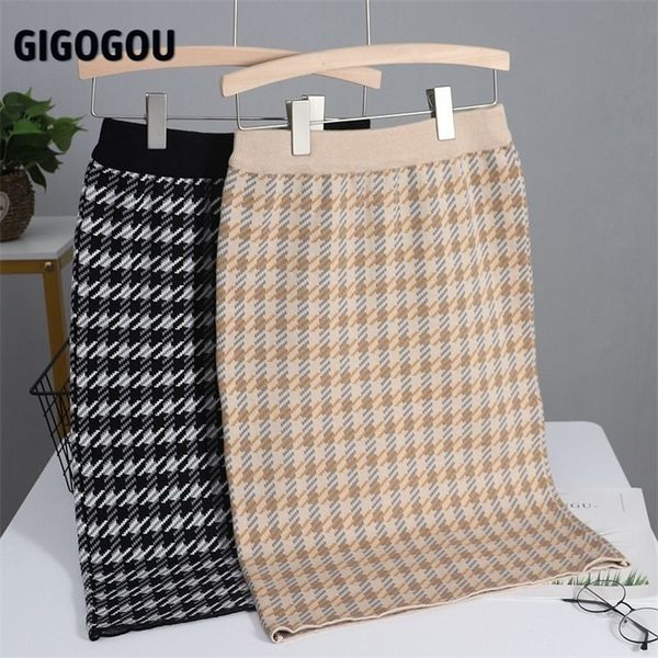 

gigogou luxury houndstooth knitted women sweater skirt elastic high waist midi pencil skirt bodycon long skirt jupe femme faldas 210311, Black