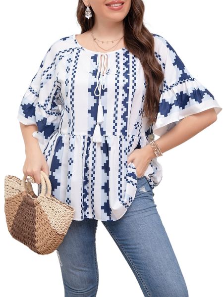 

plus geo print tassel tie neck flounce sleeve peplum blouse c1rd#, Black