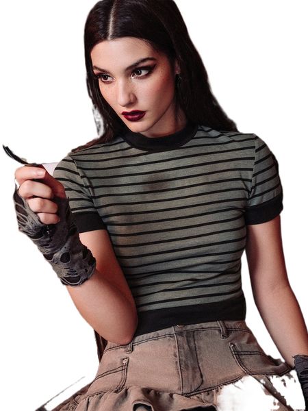 

romwe dark academia striped crop tee m06r#, White