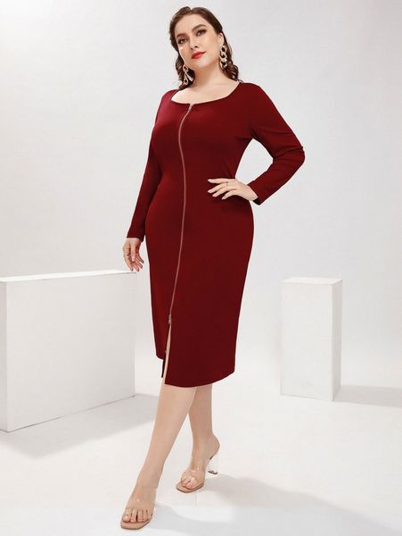 

plus zip front scoop neck fitted dress h0mc#, Black