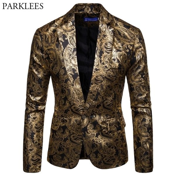 Mens Gold Paisley Bronzing Steampunk Blazer Jacket DJ Nightclub Prom Stage Suit Blazer Uomo Slim Fit One Button Blazer Masculino 201104