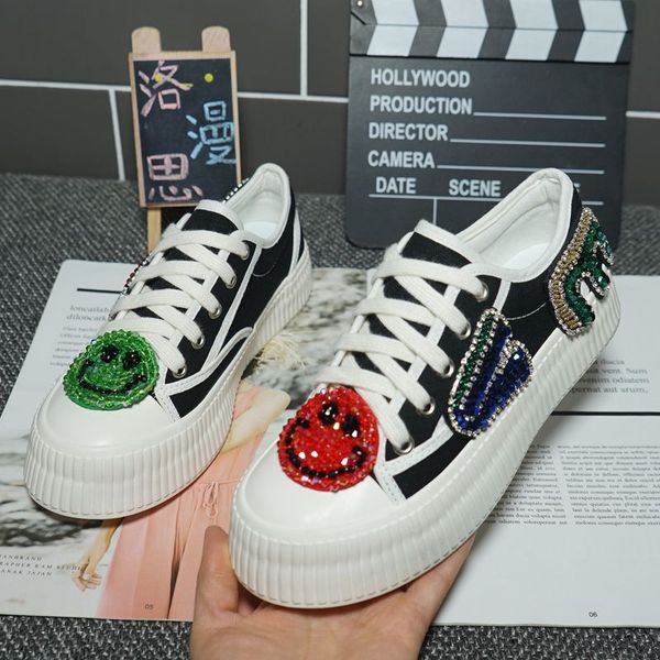 

classic canvas shoes spring and summer heavy industry letters smiley thick sole biscuit casual shoes large size35-40, Black