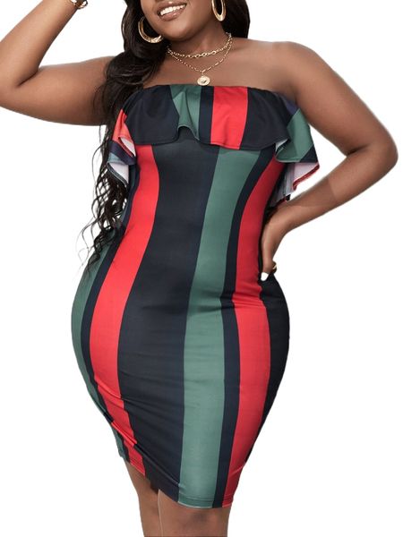 

sxy plus colorblock ruffle trim tube bodycon dress g4fj#, Black