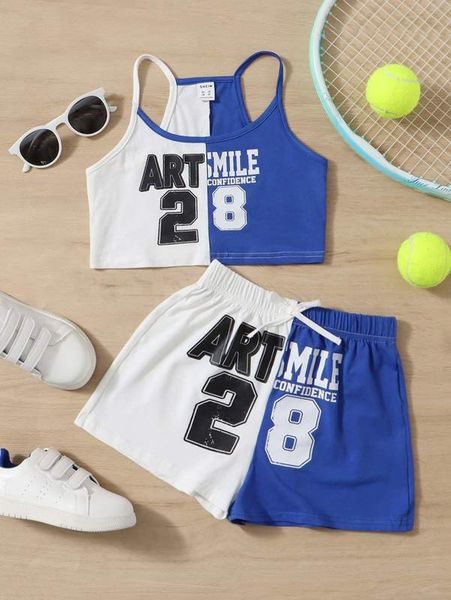 

girls letter graphic cami & tie front shorts she, White