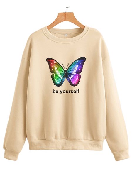 

slogan & butterfly print drop shoulder thermal pullover g6r2#, Black