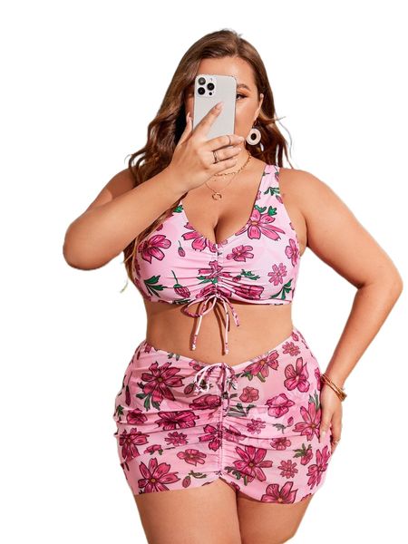 

plus 3pack floral print drawstring bikini swimsuit v4v3#, White;black