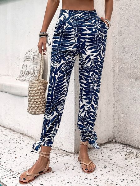 

allover plants print knot hem pants q2s9#, Black;white