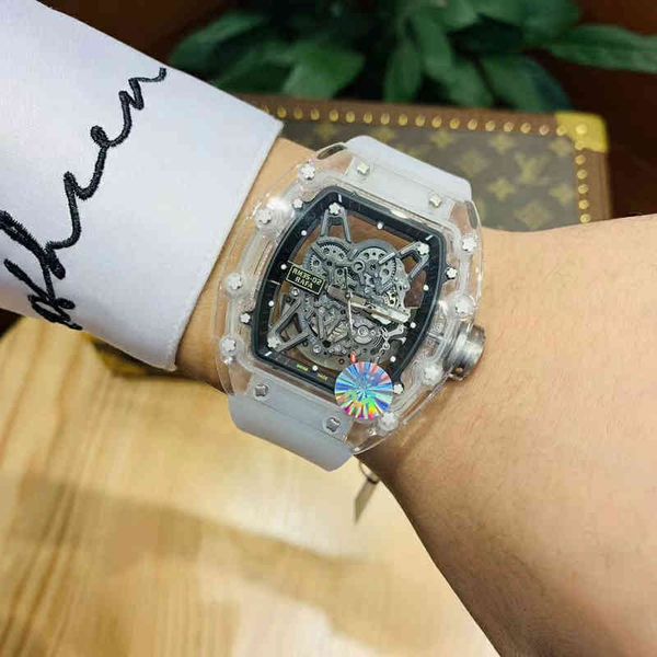 

richa milles crystal transparent hollowed out mens automatic mechanical watch waterproof fashion luminous tape sense of technology, Slivery;brown