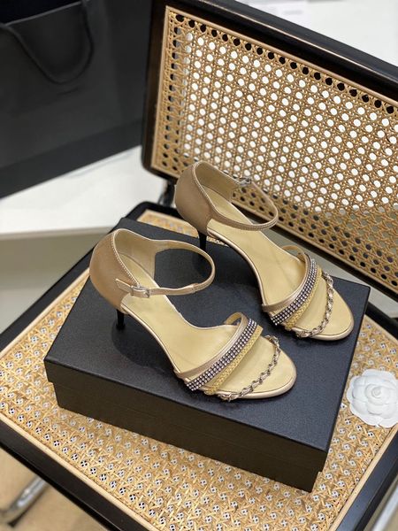 

2022 new sandals sheepskin braided chain open toe high heels women's summer rhinestone one word belt stiletto sandals leather sole shoe, Black