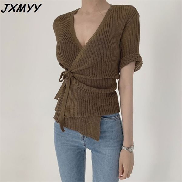 Prodotto di moda Design coreano Feeling Scheming Top in maglia con scollo a V e scollo a V incrociato e sexy JXMYY 210412