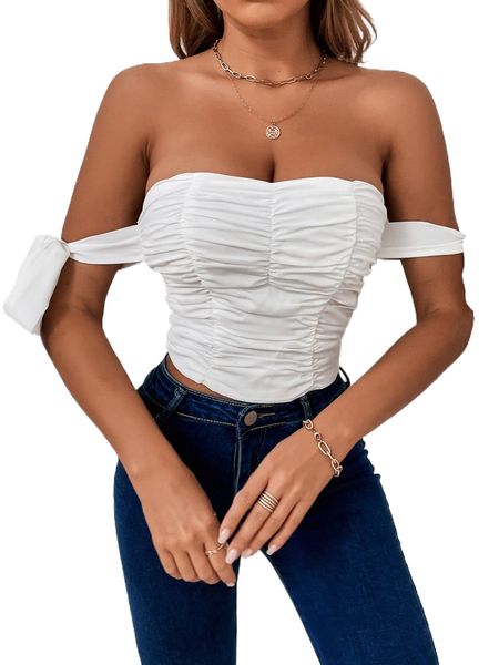 

solid ruched zip back o8ie#, White