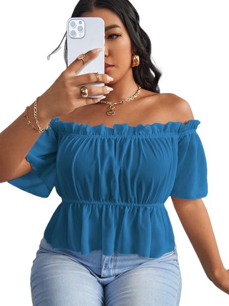 

plus solid ruffle bardot blouse i0cb#, Black