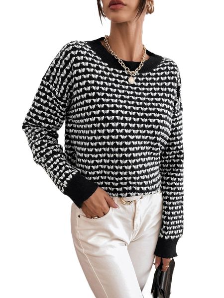 

allover pattern drop shoulder sweater b6c8#, White;black