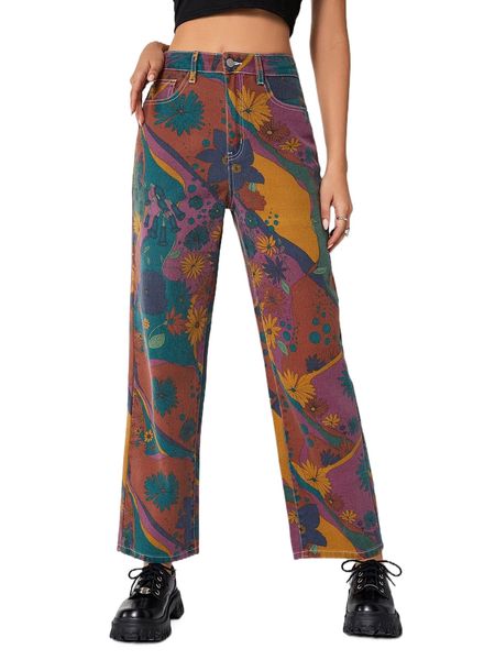 

high waist floral print wide leg jeans g6ok#, Blue