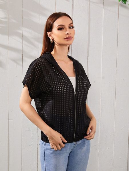 

hollow out batwing sleeve zip up hooded jacket q9hr#, Black;brown