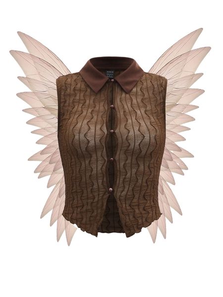 

button up lettuce trim sleeveless mesh l22n#, White