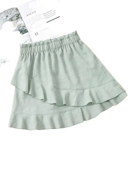 

paper bag waist textured asymmetrical ruffle trim skirt m3qb#, Black