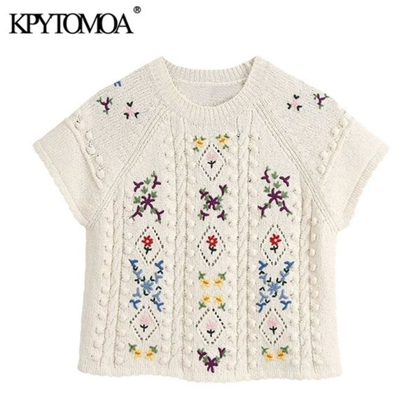 

kpytomoa women fashion floral embroidery cropped knitted sweater vintage o neck short sleeve female pullovers chic y200910, White;black