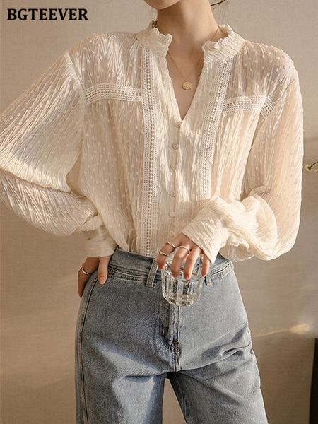 

elegant v-neck single-breasted ladies shirts 2022 spring summer loose full sleeve ruffles women blouses female, White