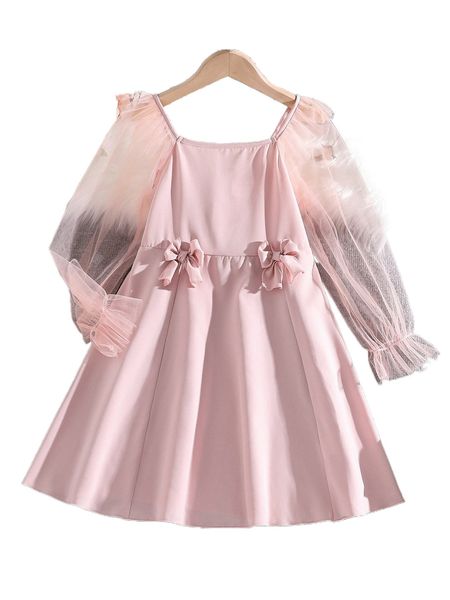

girls contrast mesh flounce sleeve bow front dress n6m0#, Black;white