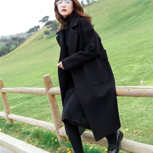 Moda lã casaco mulheres plus size size outono inverno casaco preto longa roupa feminina casual 2020 quente oversize s lj201109