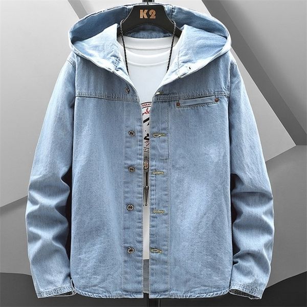 

spring autumn hooded denim jacket mens hip hop jeans coat retro jean street casual bomber outerwear hoodies w220815, Black;brown