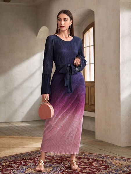 

ombre belted round neck dress a5ax#, Black;gray