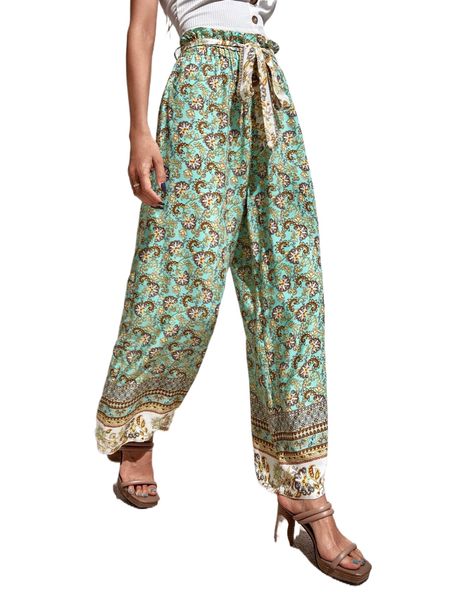 

all over print paper bag waist belted pants t195#, Black;white