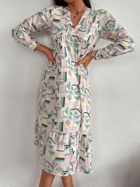 

allover geo print smock dress b7lh#, Black;gray