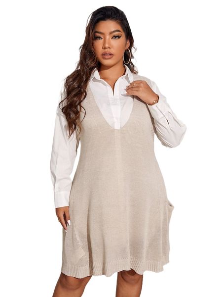 

plus solid dual pocket sweater dress without blouse p7on#, Black