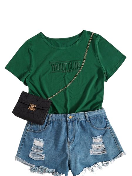 

plus letter embroidery tee without denim shorts 30is#, Black