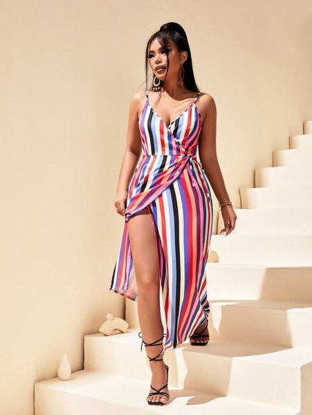 

sxy block striped wrap tie side cami dress z9nr#, Black;gray