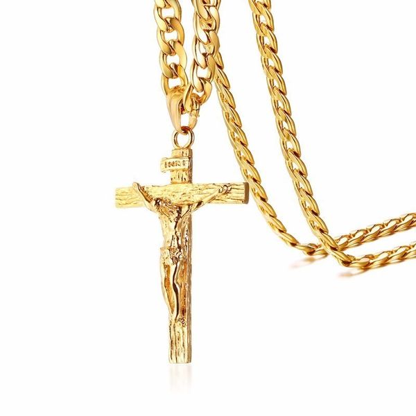 

gold tone cross jesus stainless steel pendant necklace hip hop cuban within cuban link crucifix necklace 24 in 220518, Silver
