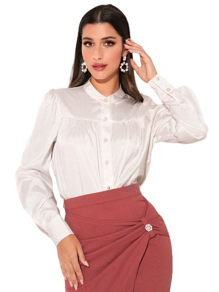 

modely mock neck puff sleeve shirt s3ak#, White