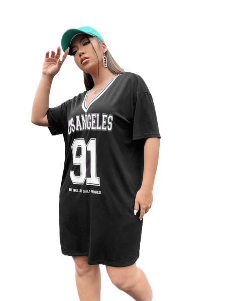 

plus slogan graphic drop shoulder tee dress w6z4#, Black