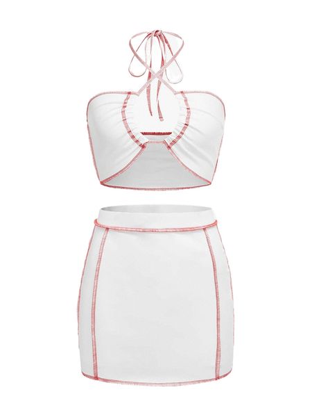 

tie back halter & bodycon skirt t2jh#, White