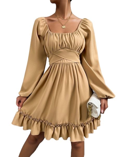 

ruched bust tie back ruffle hem dress 282k#, Black;gray