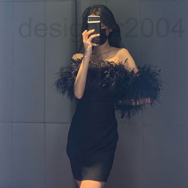 

casual dresses designer light mature style one line collar off shoulder feather stitched dress women 2022 new black temperament celebrity sh, Black;gray