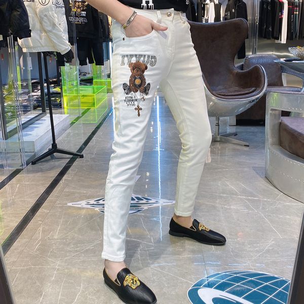 

men's jeans designer 2022 summer new bear diamond slim fit elastic jeans men's fashionable leggings casual fdyq, Blue