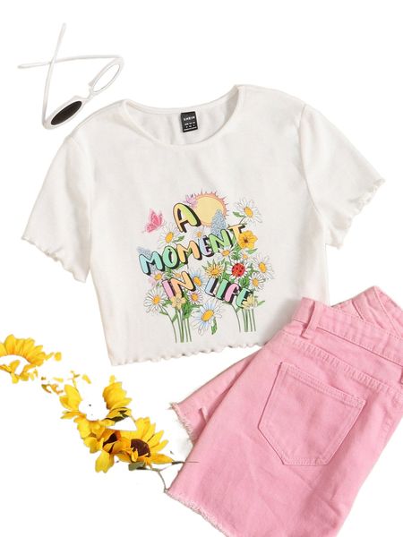 

floral & slogan graphic lettuce trim rib knit tee l75n#, White