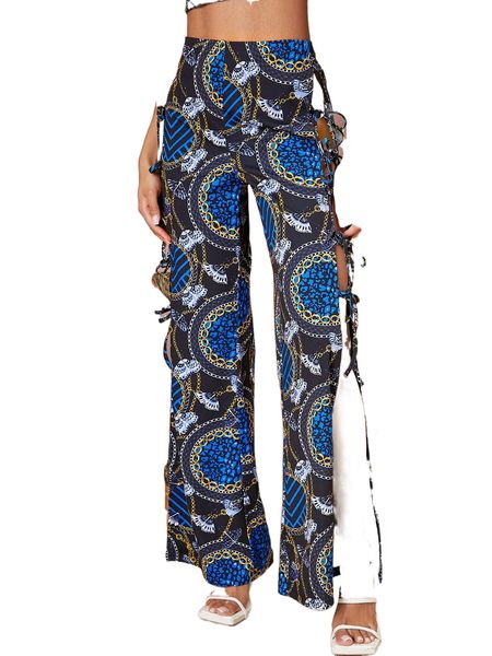 

butterfly and graphic print knot split side wide leg pants o3j5#, Black;white