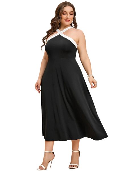 

plus criss cross contrast binding dress 76ij#, Black
