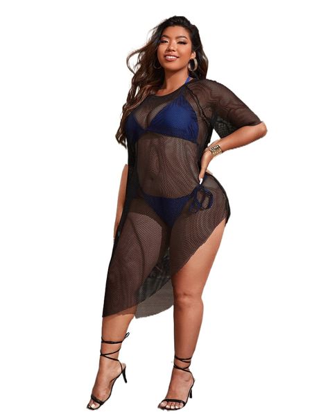 

plus raglan sleeve asymmetrical hem mesh cover up dress without bikini m8fr#, Black