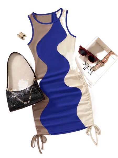 

drawstring side color block bodycon tank dress y66s#, Black;gray